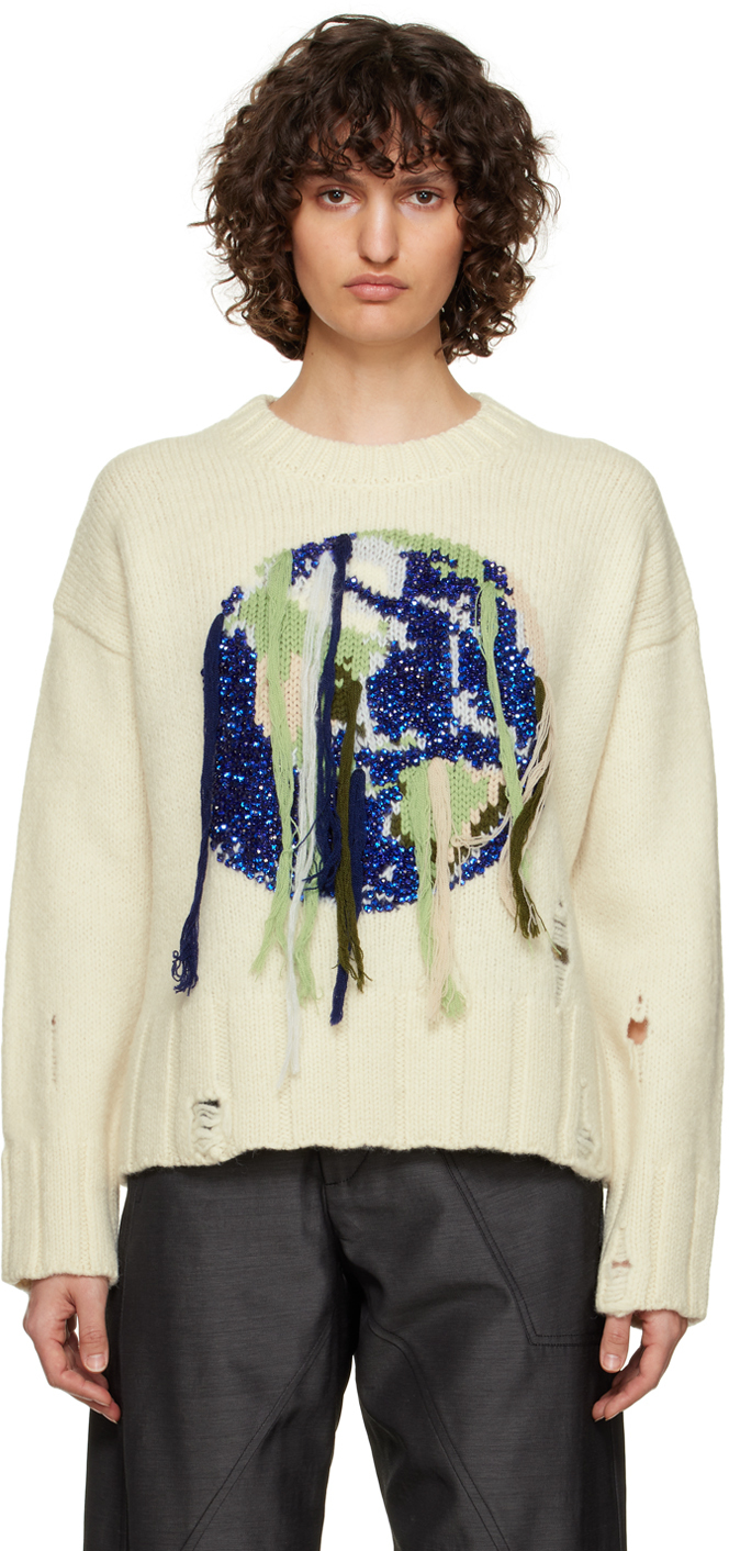 Shop Jw Anderson Off-white Fringed Globe Sweater In 002 Off White