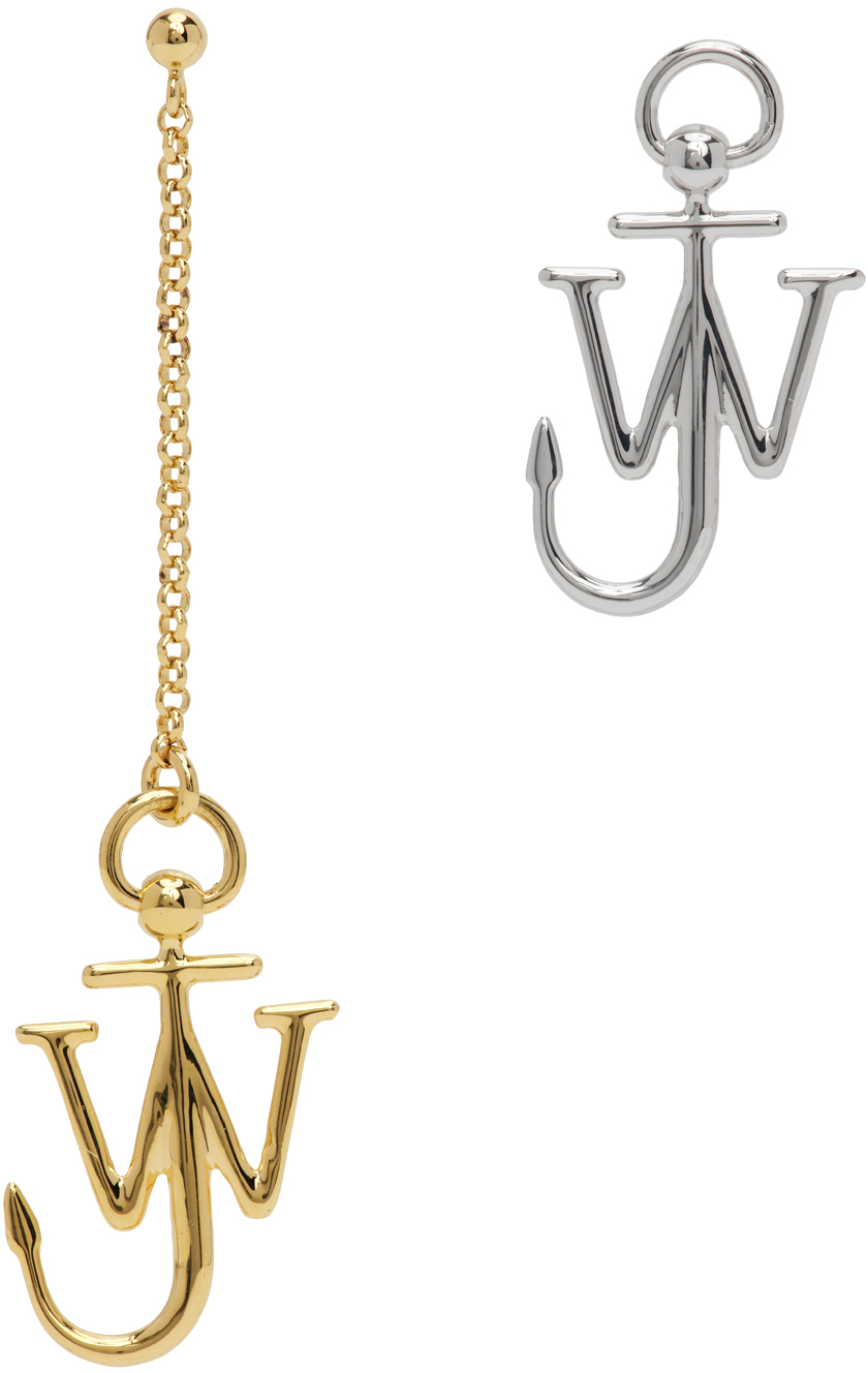 JW Anderson Gold Silver Asymmetric Anchor Earrings SSENSE Canada