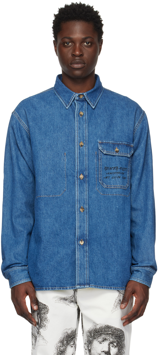 Shop Jw Anderson Blue Printed Denim Jacket In 800 Blue