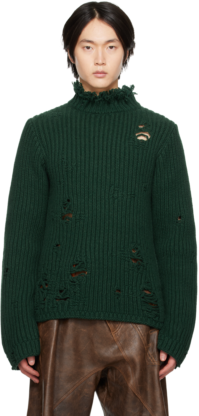 Jw Anderson Green Distressed Turtleneck In 560 Forest Green