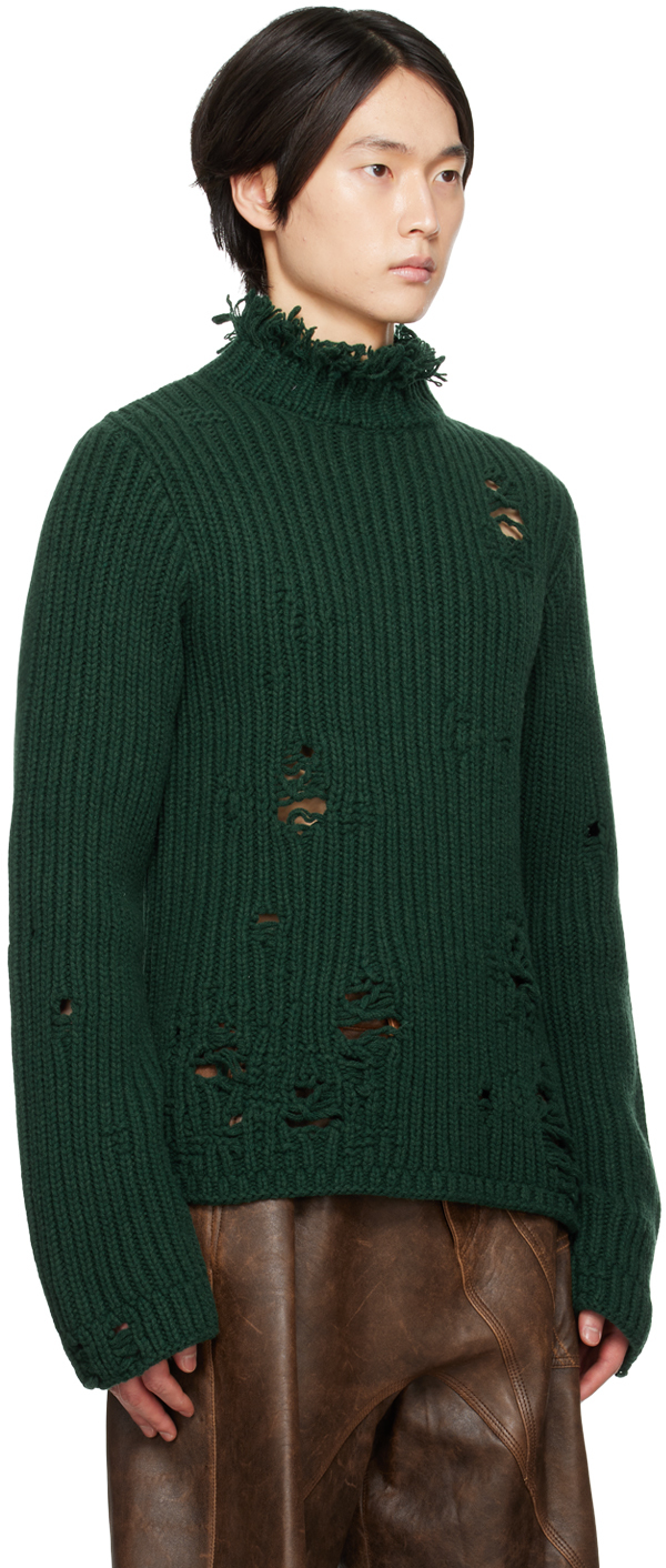 Jw Anderson Green Distressed Turtleneck In 560 Forest Green