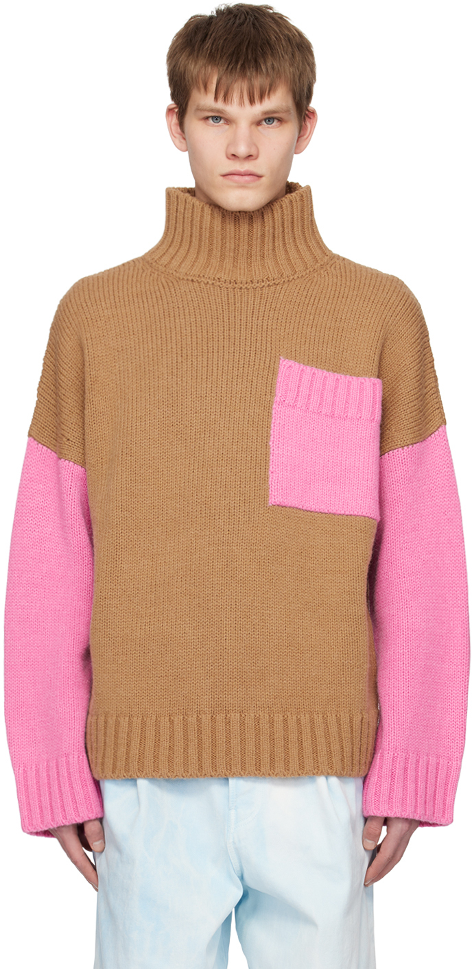 Jw Anderson Oversized Logo-embroidered Two-tone Knitted Rollneck Sweater In Pink