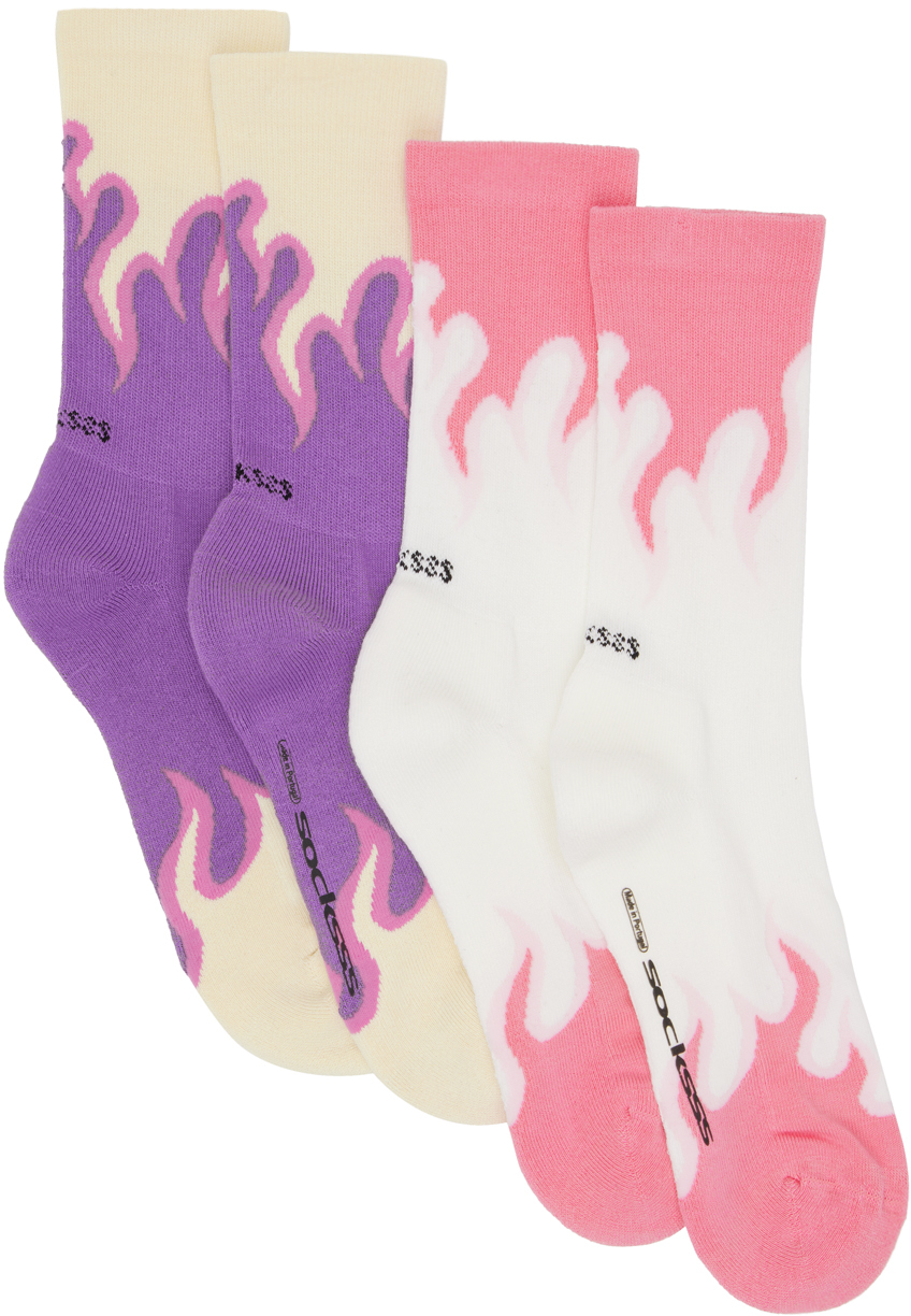 Socksss Set Of Two Intarsia Cotton-blend Socks In Pink