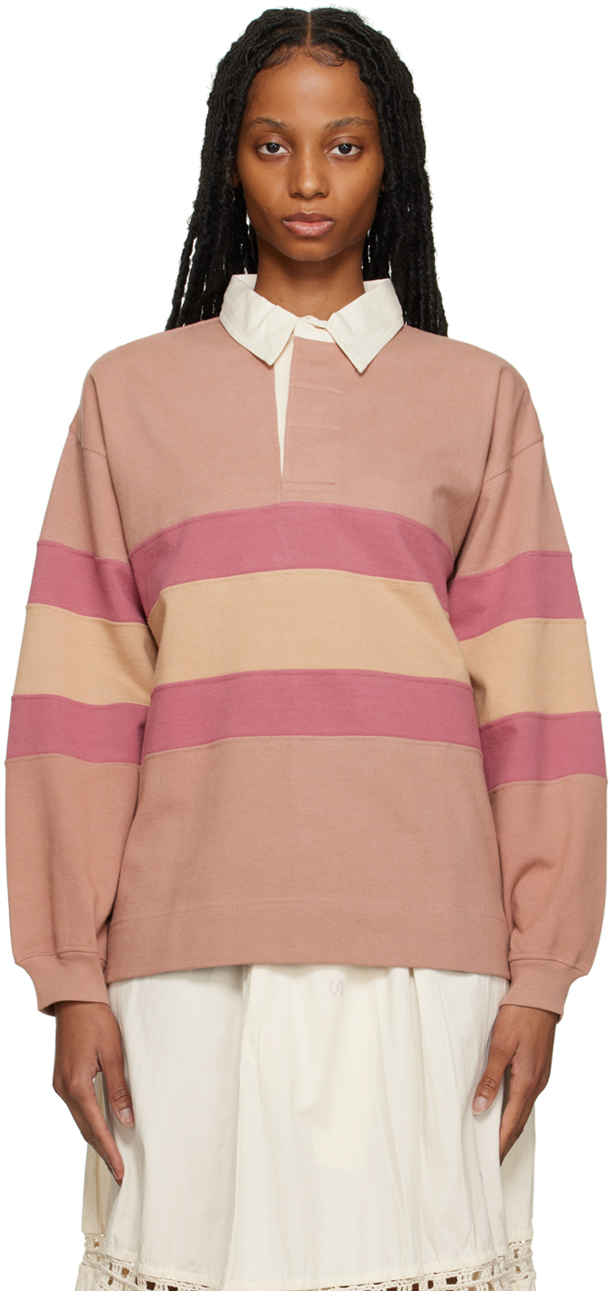 Story Mfg. Beige & Pink Climber Long Sleeve Polo In Clementine