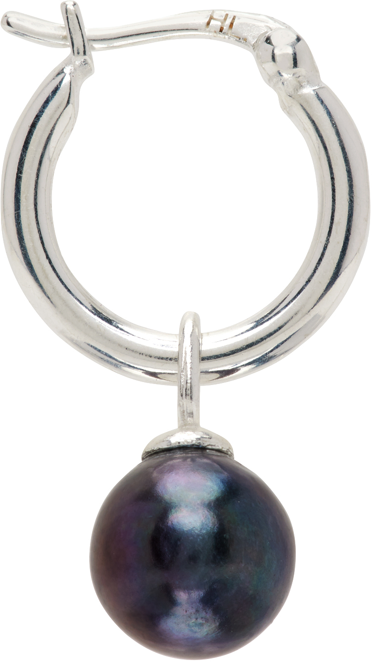 Hatton Labs SSENSE Canada Exclusive Silver & Black Pearl Hoop Earring