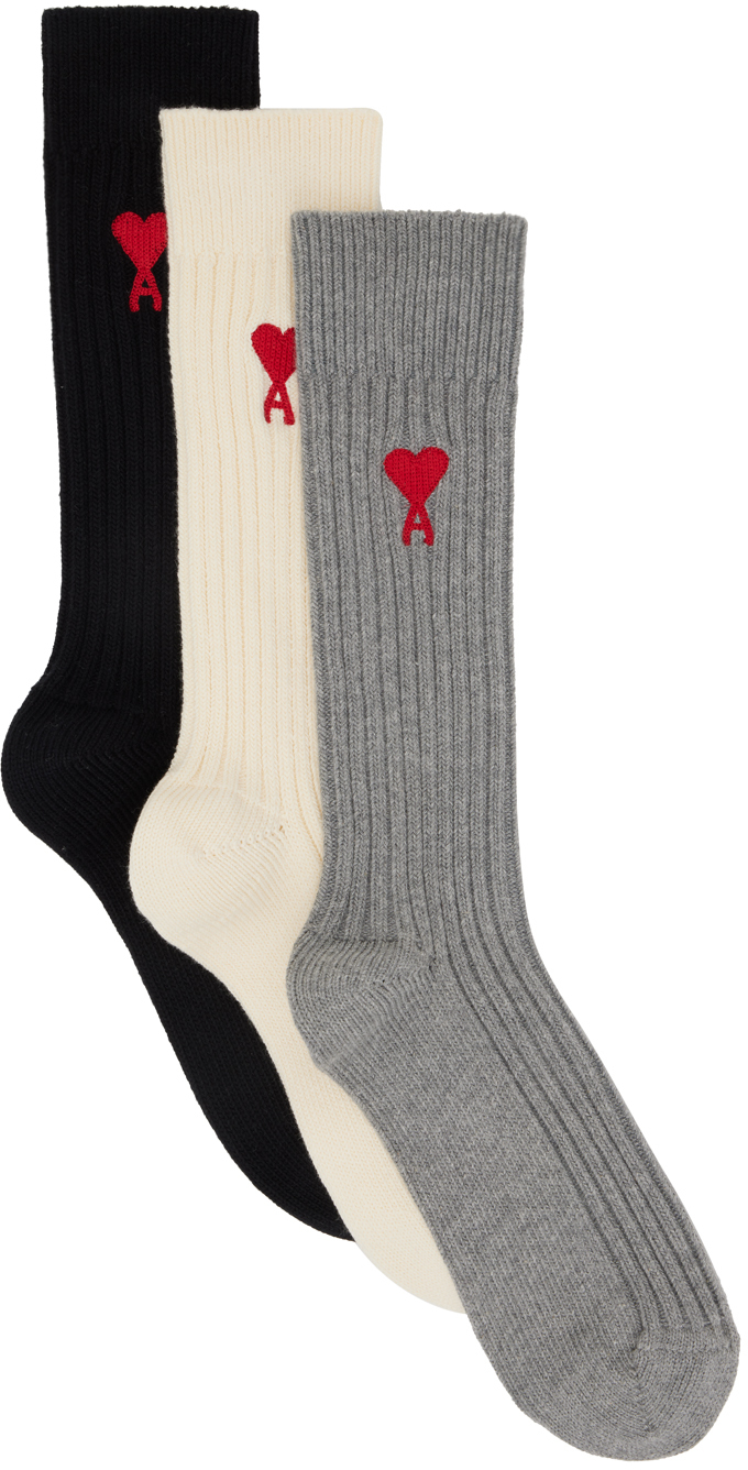 Ami Alexandre Mattiussi Three-pack Multicolor Ami De Cœur Socks In 971 Off White/grey/b