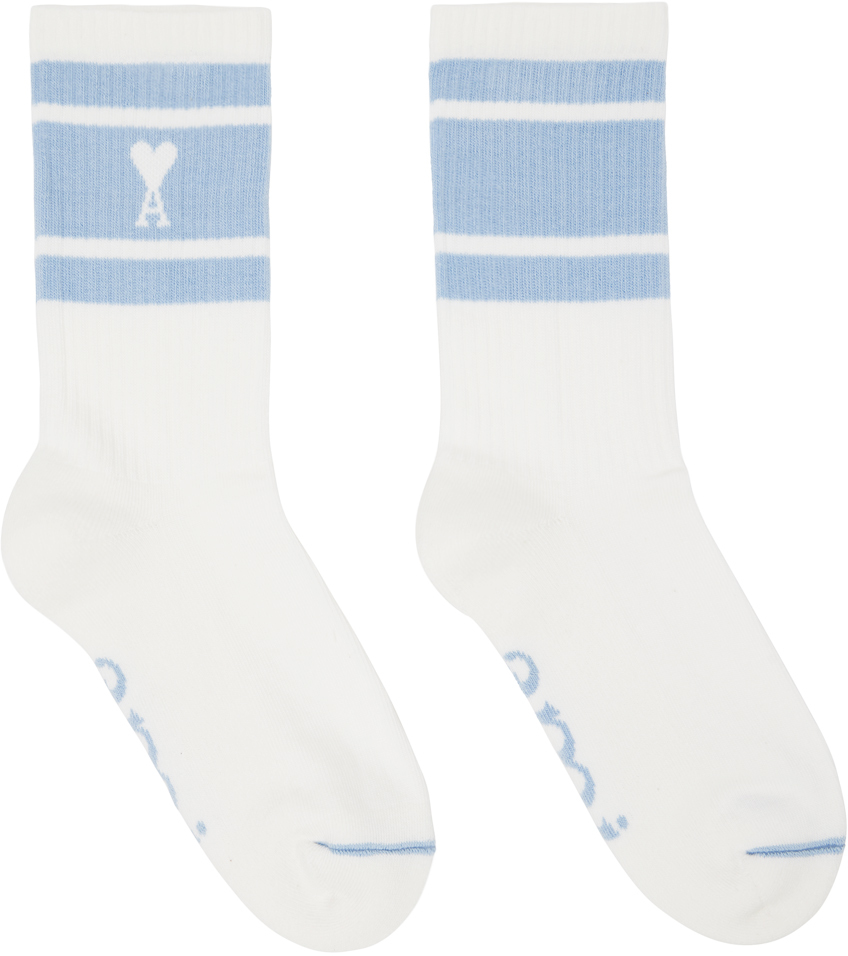 Ami Alexandre Mattiussi White & Blue Ami De Cœur Striped Socks In 450 Sky Blue