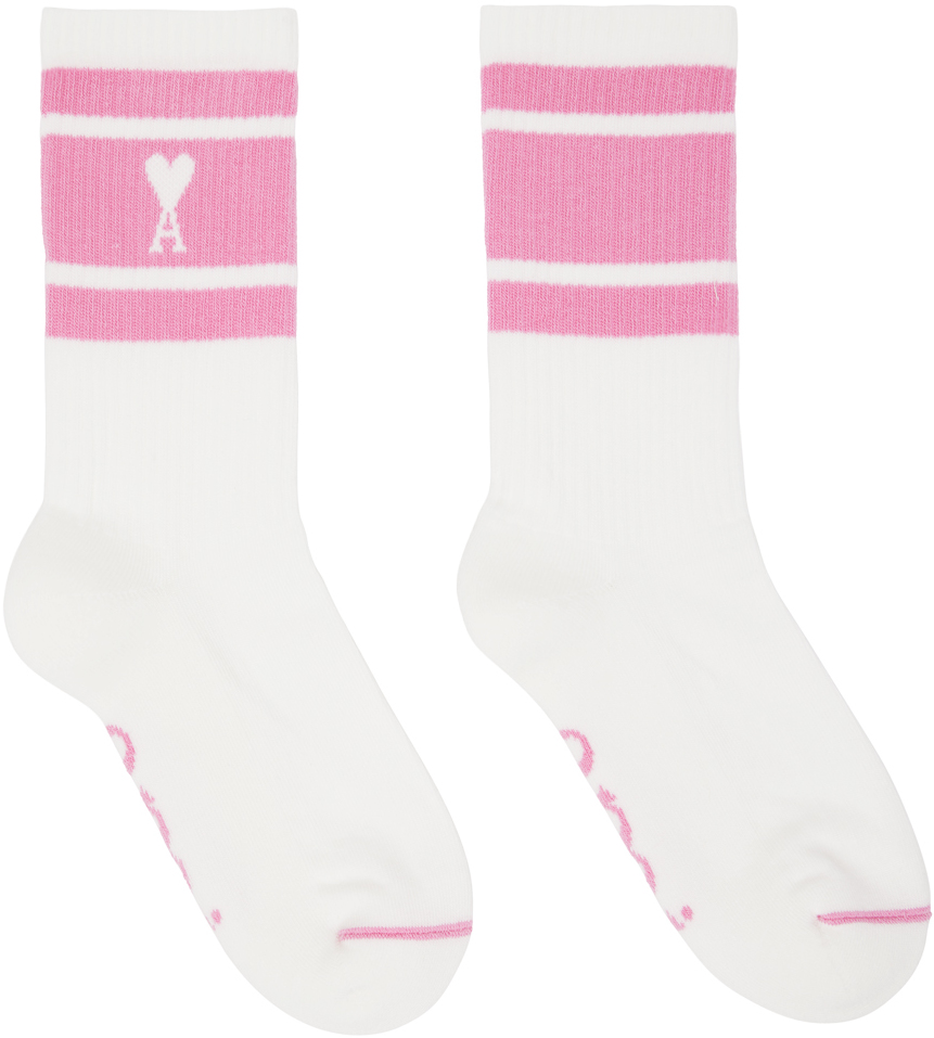 White & Pink Ami de Caur Striped Socks