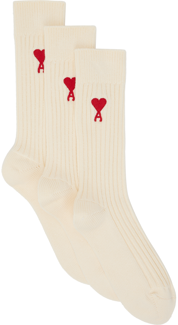 AMI Paris Three-Pack Off-White Ami de Caur Socks
