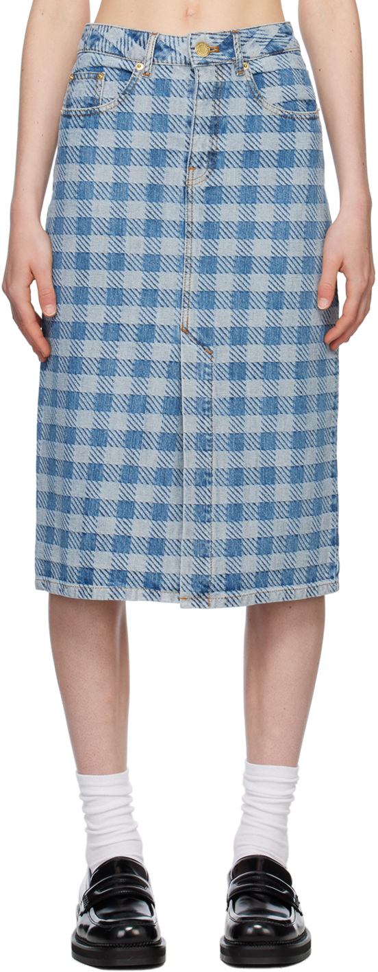 Ami Alexandre Mattiussi Gingham Pattern Jacquard Denim Pencil Skirt In 448 Bleu Javel
