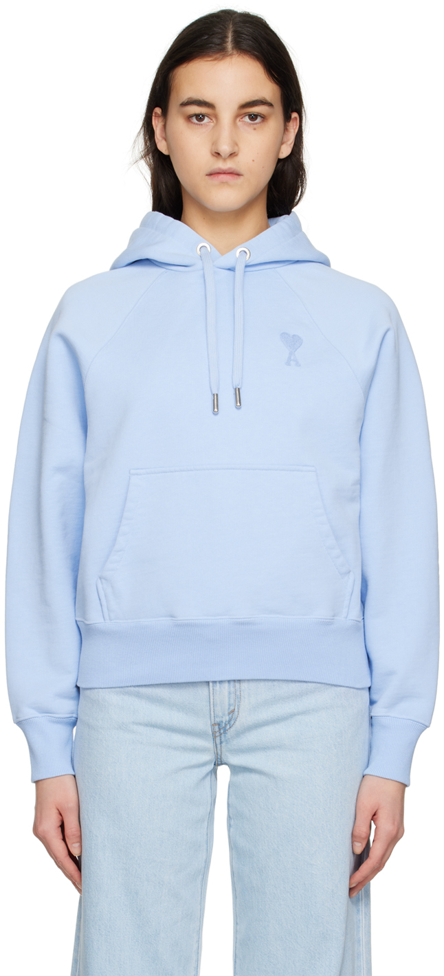 AMI Paris Pull à capuche bleu à logo Ami de cœur SSENSE France