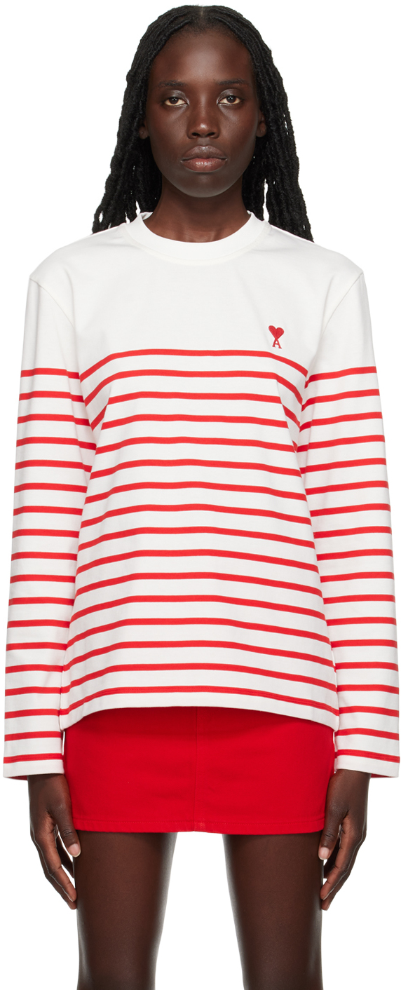 AMI Alexandre Mattiussi White & Red Ami de Caur Long Sleeve T-Shirt