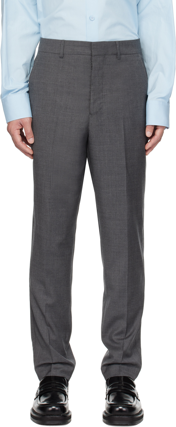 Buy Louis Philippe Men Grey Carrot Fit Textured Flat Front Formal Trousers  online