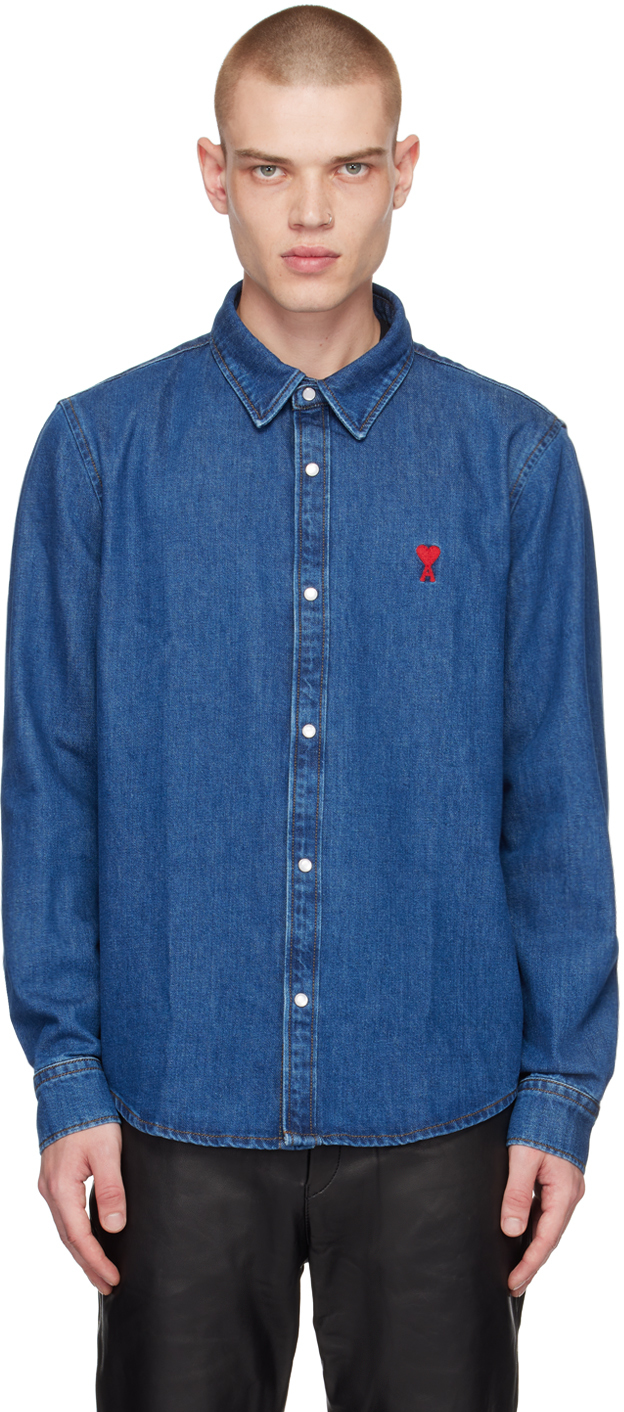Ami Alexandre Mattiussi Blue Ami De Cœur Denim Shirt In Used Blue/480