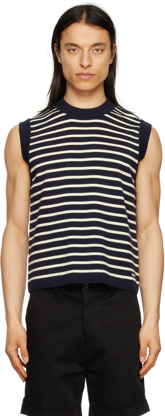 Gilet Long à Capuche Bleu Marine à Rayures Blanches Taille TS - Comme Neuf