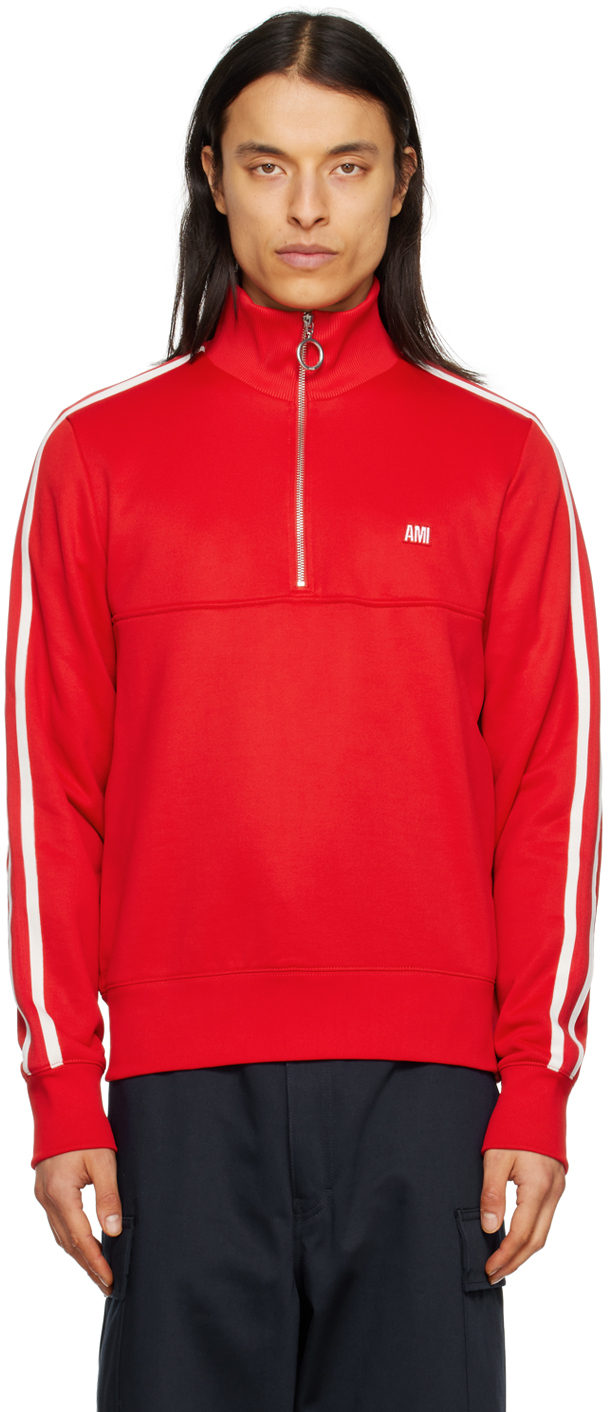 Ami Alexandre Mattiussi Red Half-zip Sweater In Scarlet Red/681