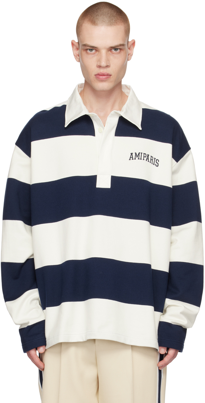 White & Navy Striped Polo by AMI Paris on Sale