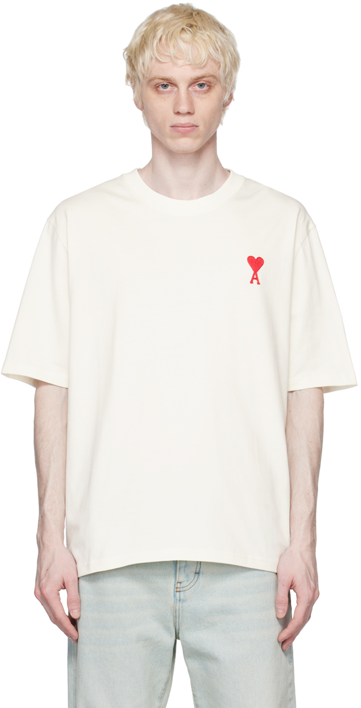 Ami Alexandre Mattiussi White Ami De Cœur T-shirt In Natural White/red/17
