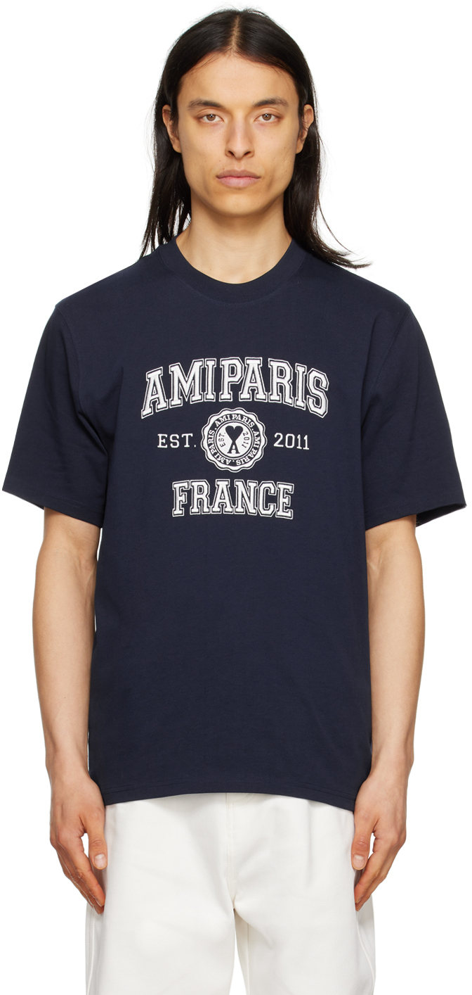 Ami Alexandre Mattiussi Navy 'ami Paris France' T-shirt In Nautic Blue/491