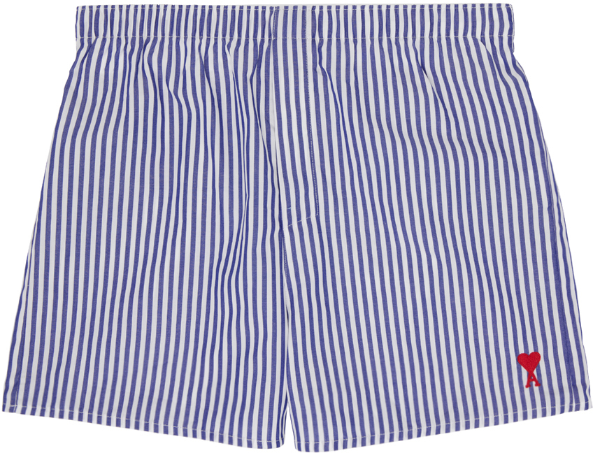 Ami Alexandre Mattiussi Striped Cotton Boxer Shorts In Nautic Blue /white/4
