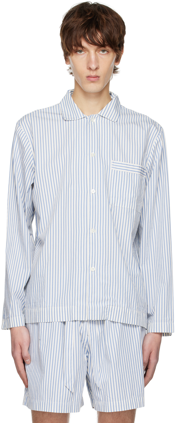Tekla White & Blue Striped Pyjama Shirt In Placid Stripes