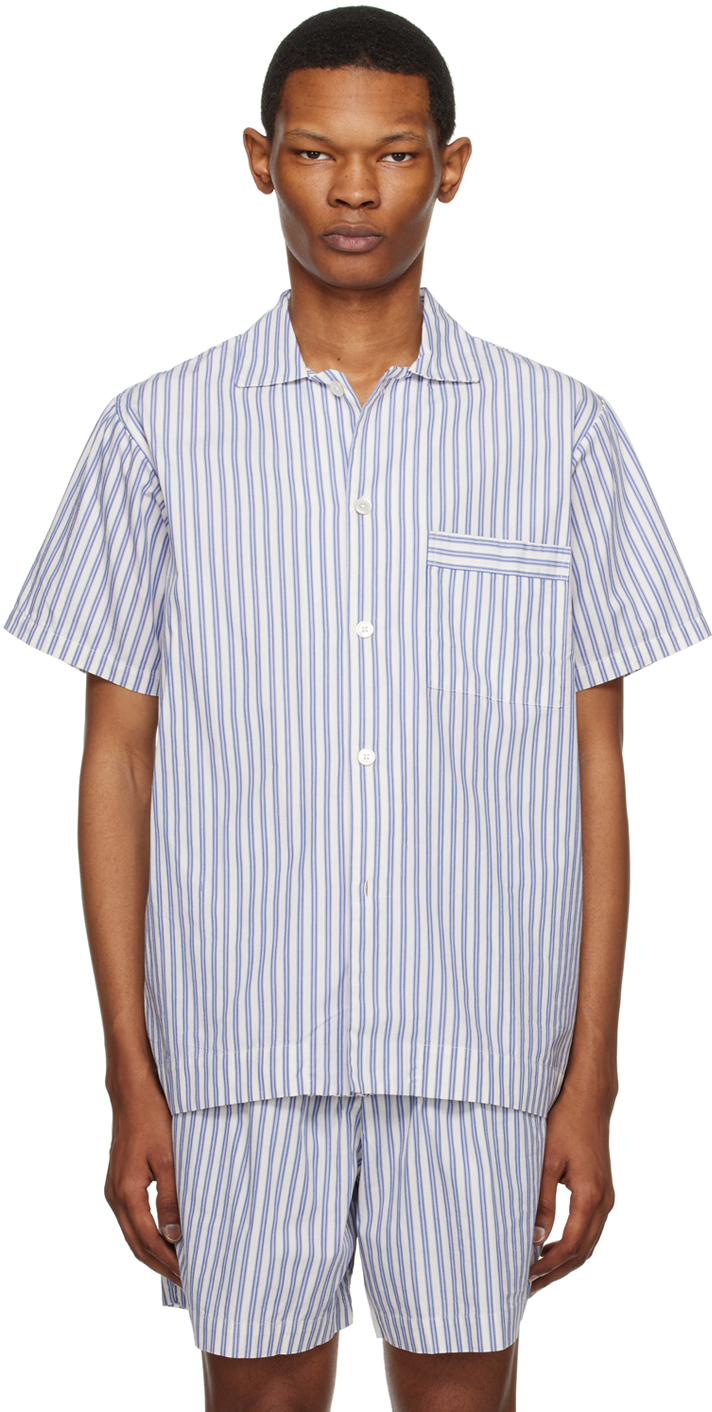 Tekla Off-white & Blue Striped Pyjama Shirt In Skagen Stripes