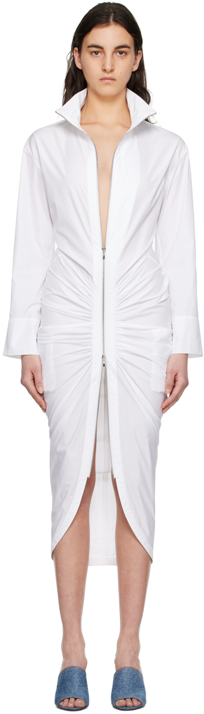 Alaïa Poplin Gathered Zip-front Midi Dress In Blanc