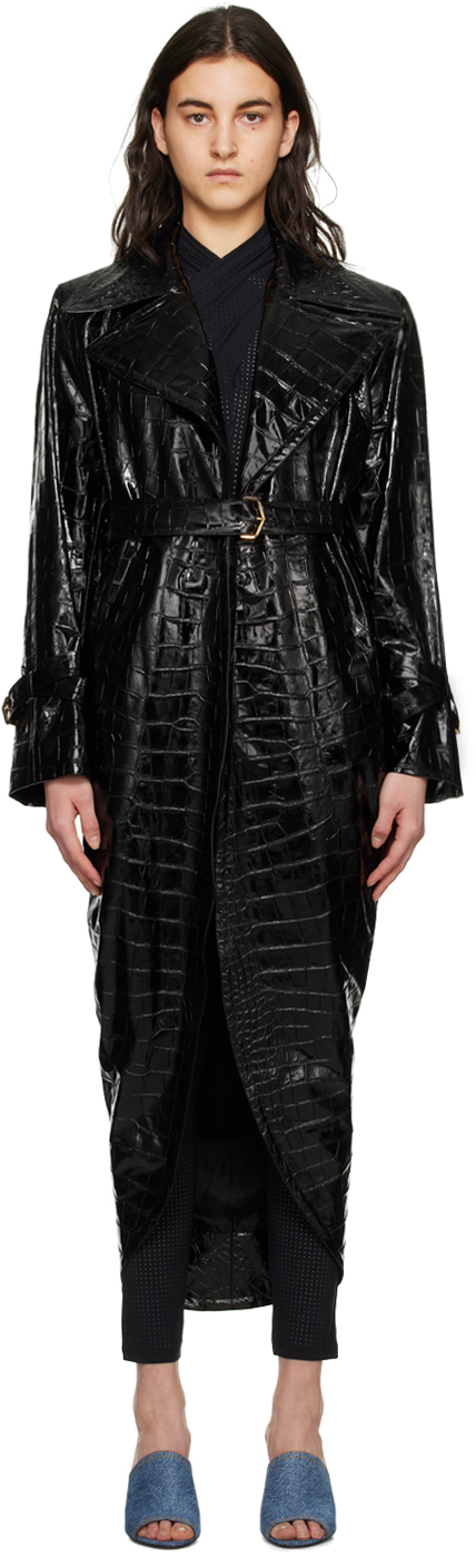 Alaïa Black Croc Faux Leather Trench Coat