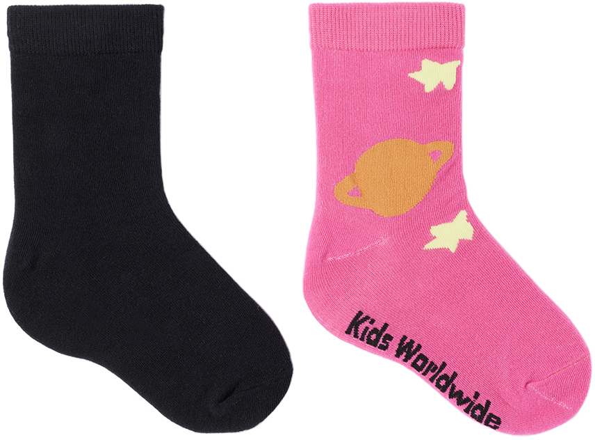 Kids Worldwide Kids' キッズ｜ブラック＆ピンク スター ソックス In Multi