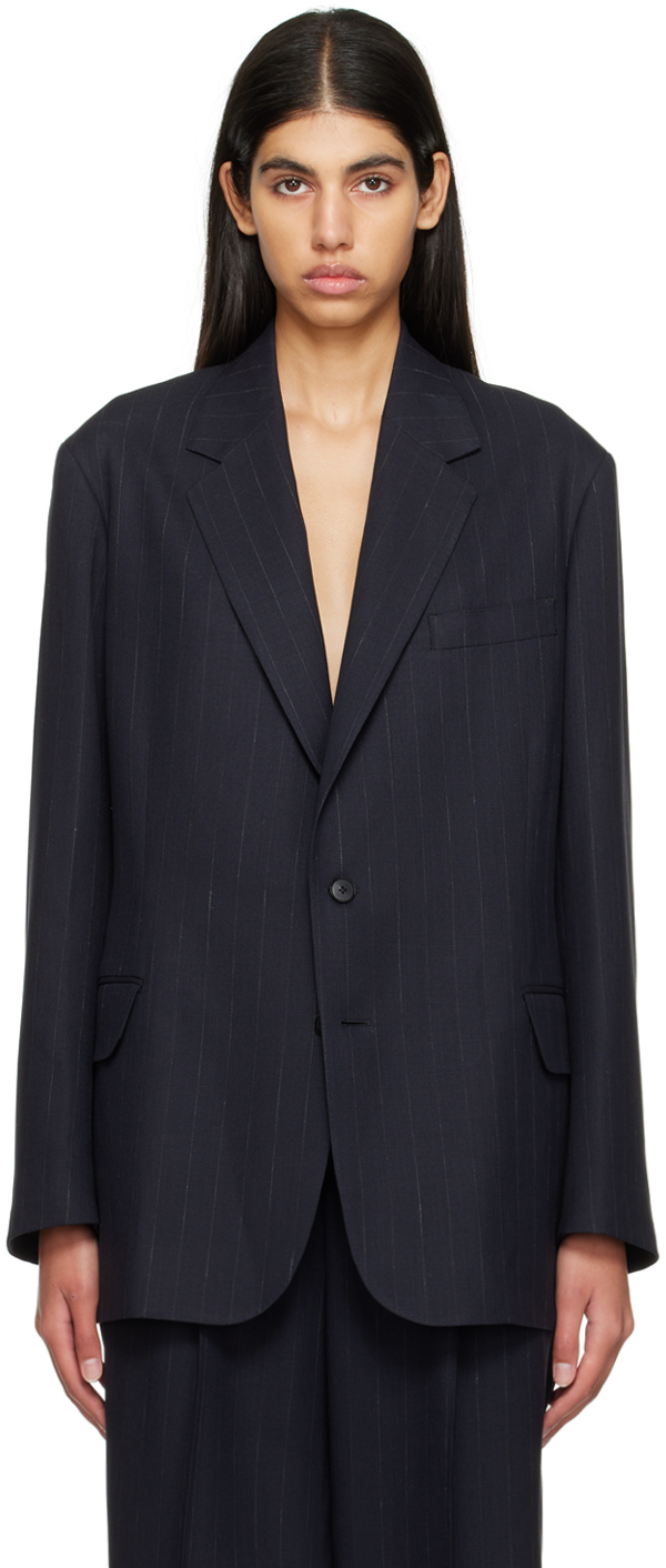 AURALEE: Navy Stripe Blazer | SSENSE