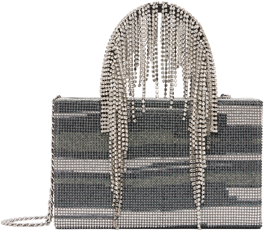 KARA Silver Midi Crystal Fringe Bag