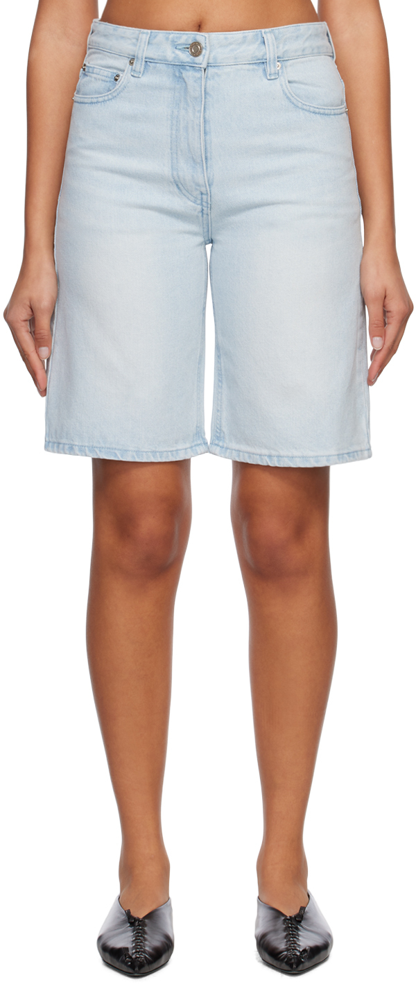 Blue Faded Denim Shorts by System on Sale