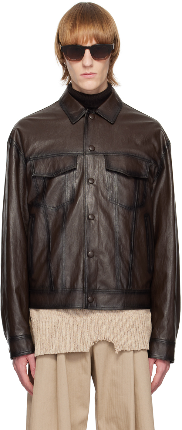 System: Brown Spread Collar Faux-Leather Jacket | SSENSE