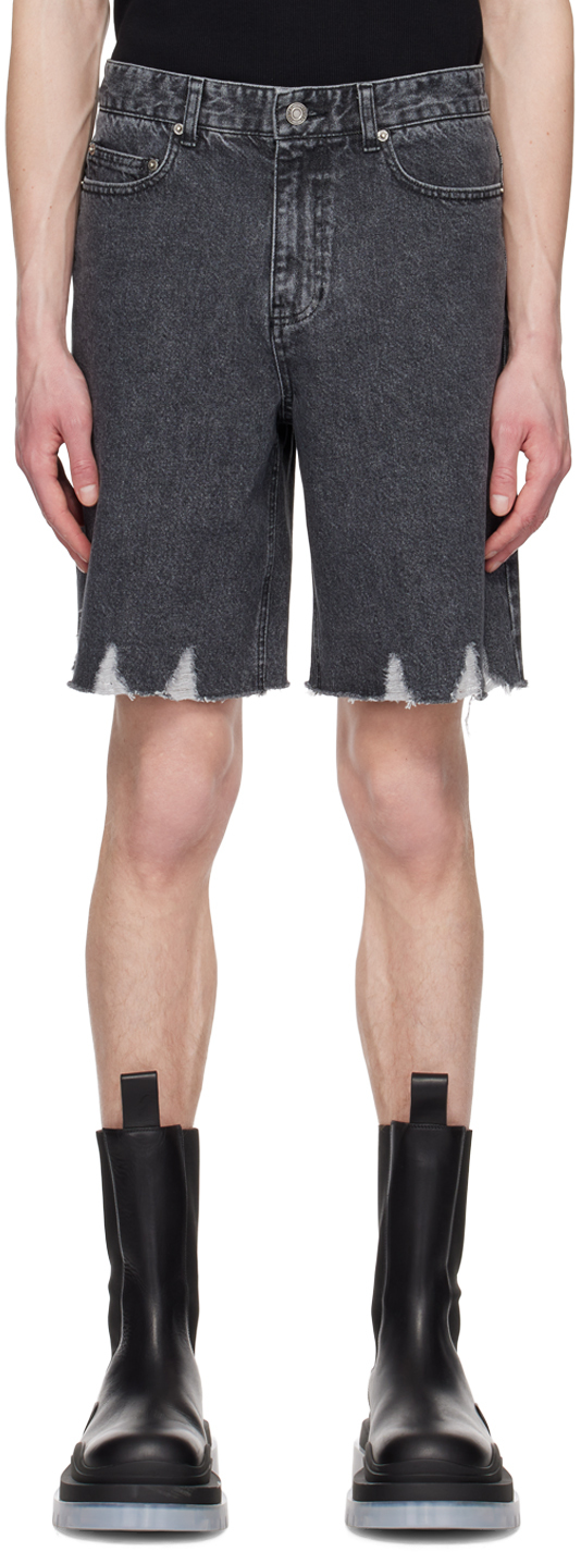System Black Distressed Shorts In Kg Charcoal Grey