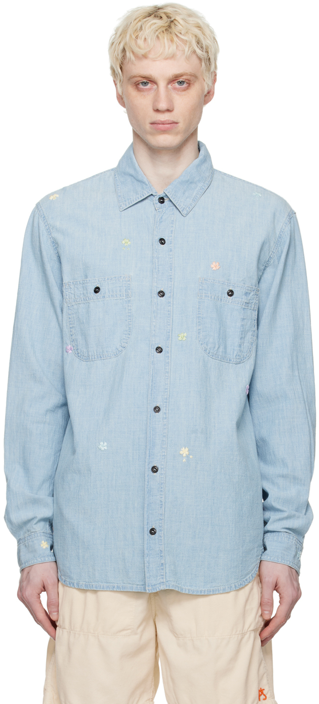 President's Floral-embroidered Washed-denim Shirt In Blau
