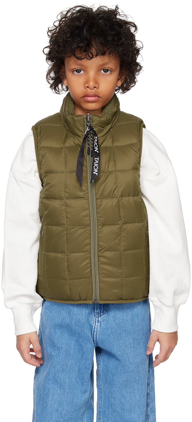 Taion Kids Khaki Quilted Reversible Vest In Olive X D.olive