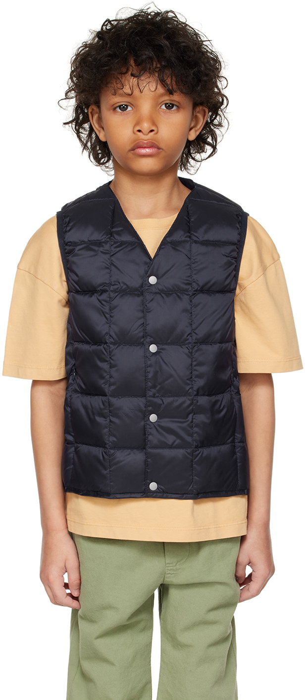 Kids Navy V-Neck Down Vest by TAION on Sale