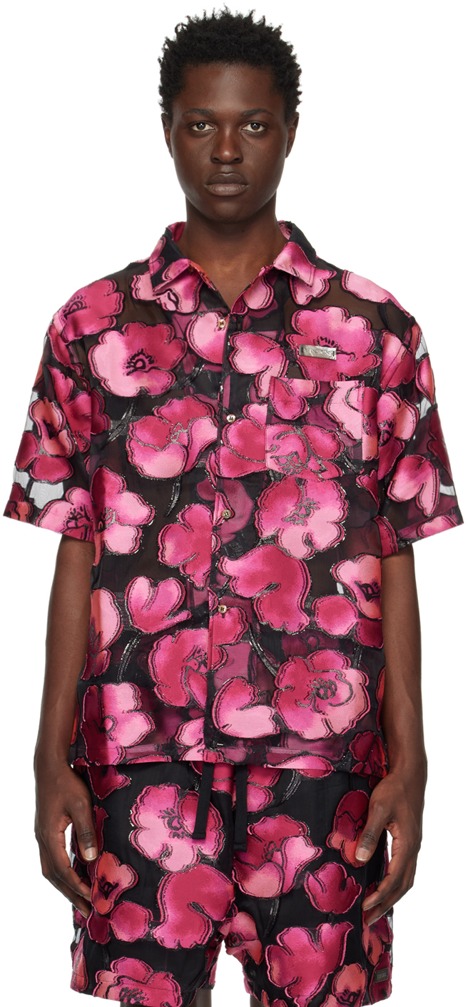 4sdesigns Floral-print Sheer Shirt In 1290 Pink/black