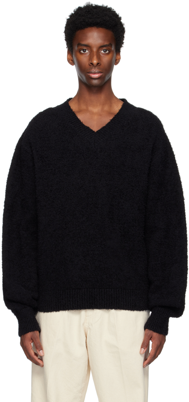 Mfpen Black V-neck Sweater In Furry Black