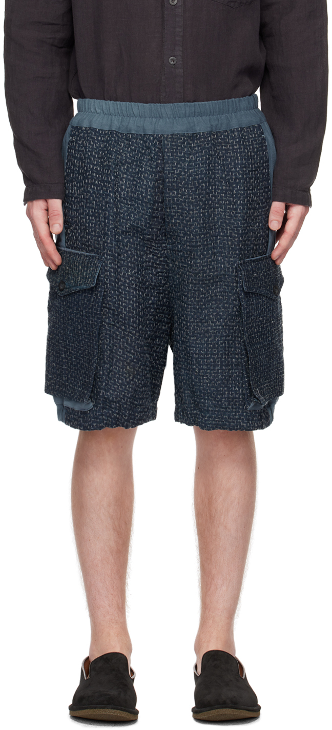 By Walid Navy Stitched Shorts In Blue Marine
