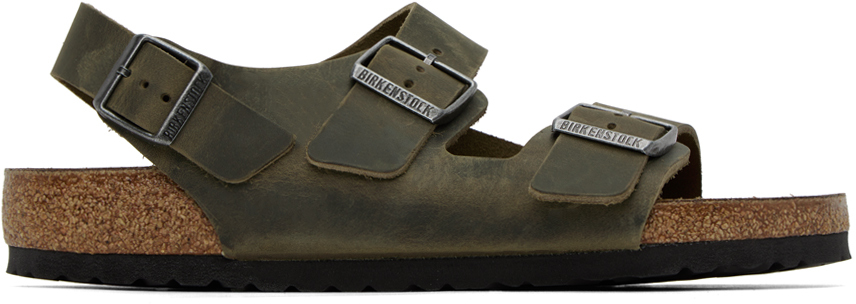 Birkenstock Brown Milano Sandals In Faded Khaki Oiled Le