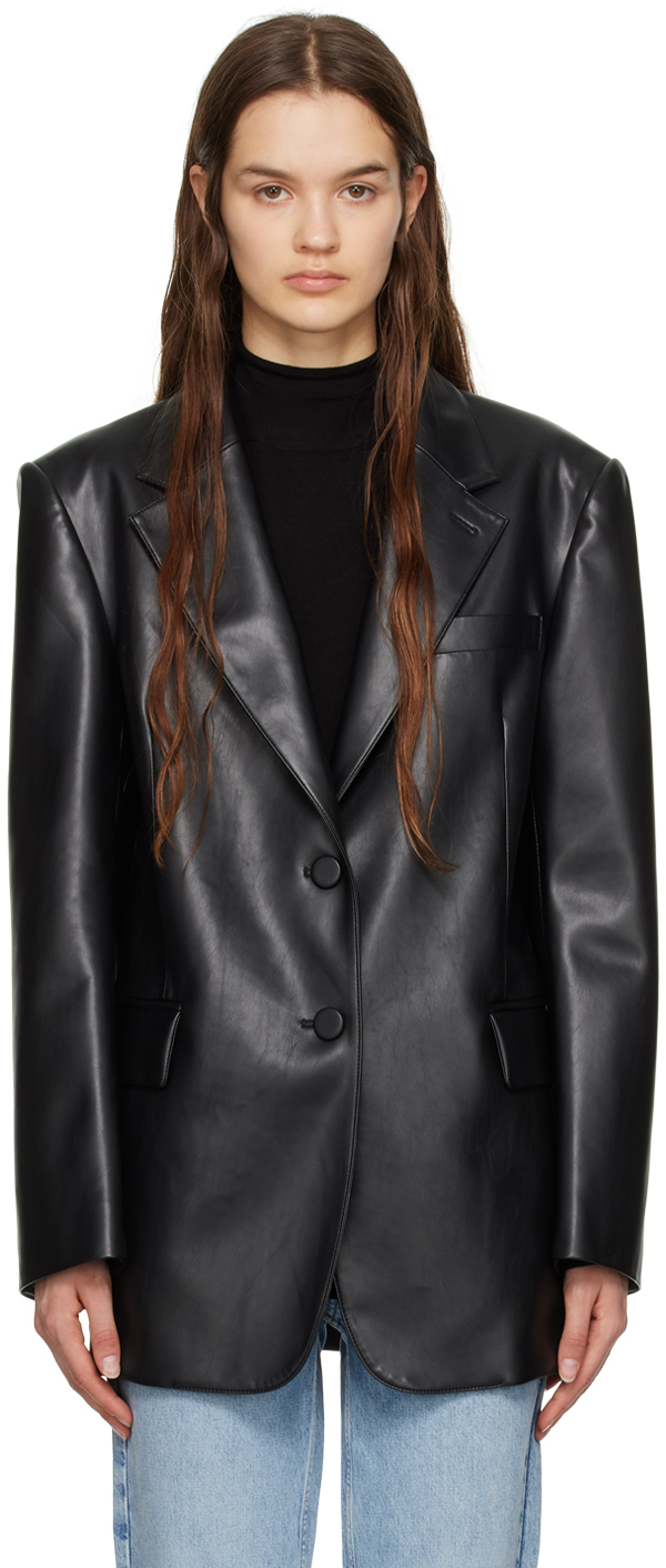 DRAE: Black Oversized Faux-Leather Blazer | SSENSE Canada