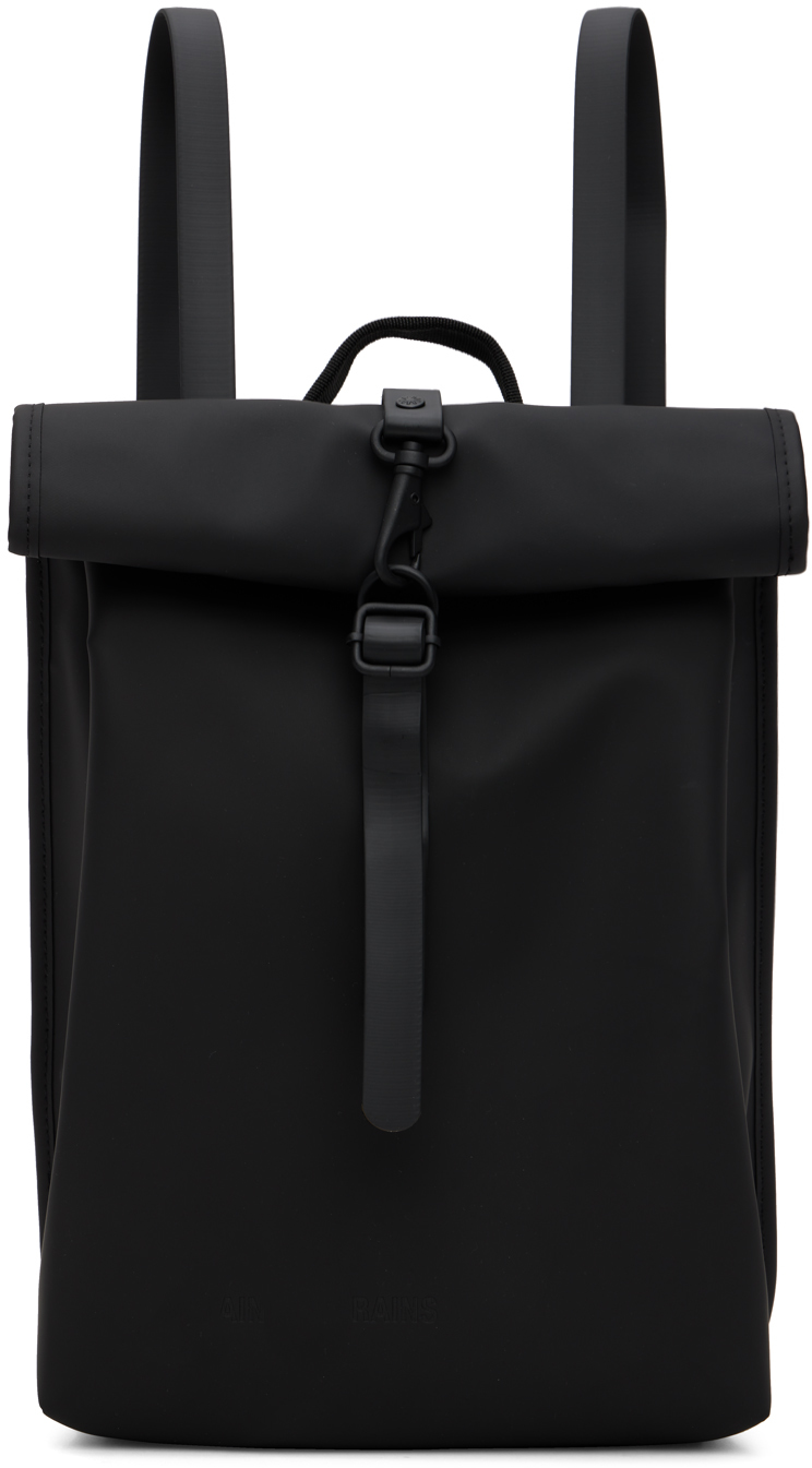 RAINS Black Mini Rolltop Backpack SSENSE UK