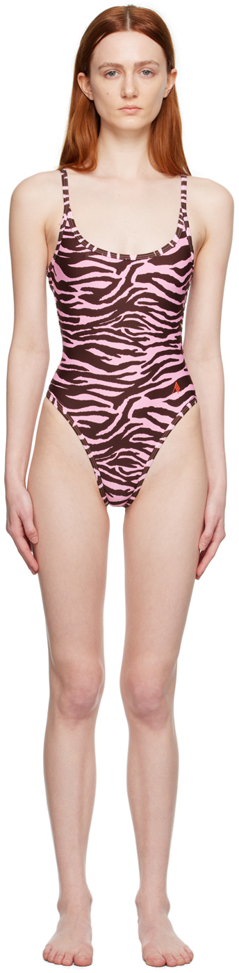 Shop Attico Brown & Pink Zebra One-piece Swimsuit In 463 Coffee/pink