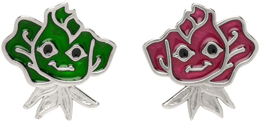 Chopova Lowena Silver Smile Rose Earrings In Green And Pink