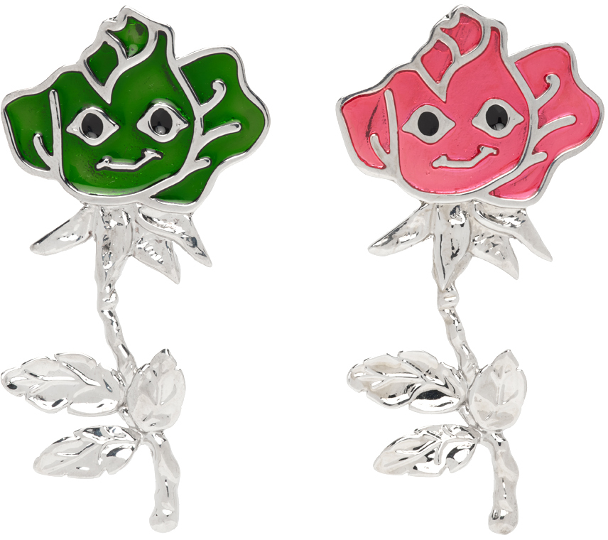 Chopova Lowena Silver & Multicolor Long Rose Earrings In Green And Pink