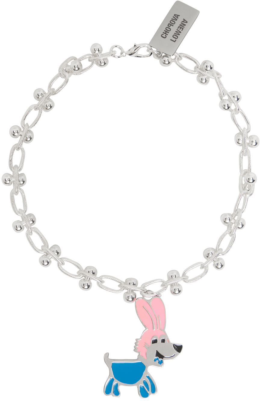 Chopova Lowena Silver Bunny Dog Charm Ball Necklace In Pink And Blue