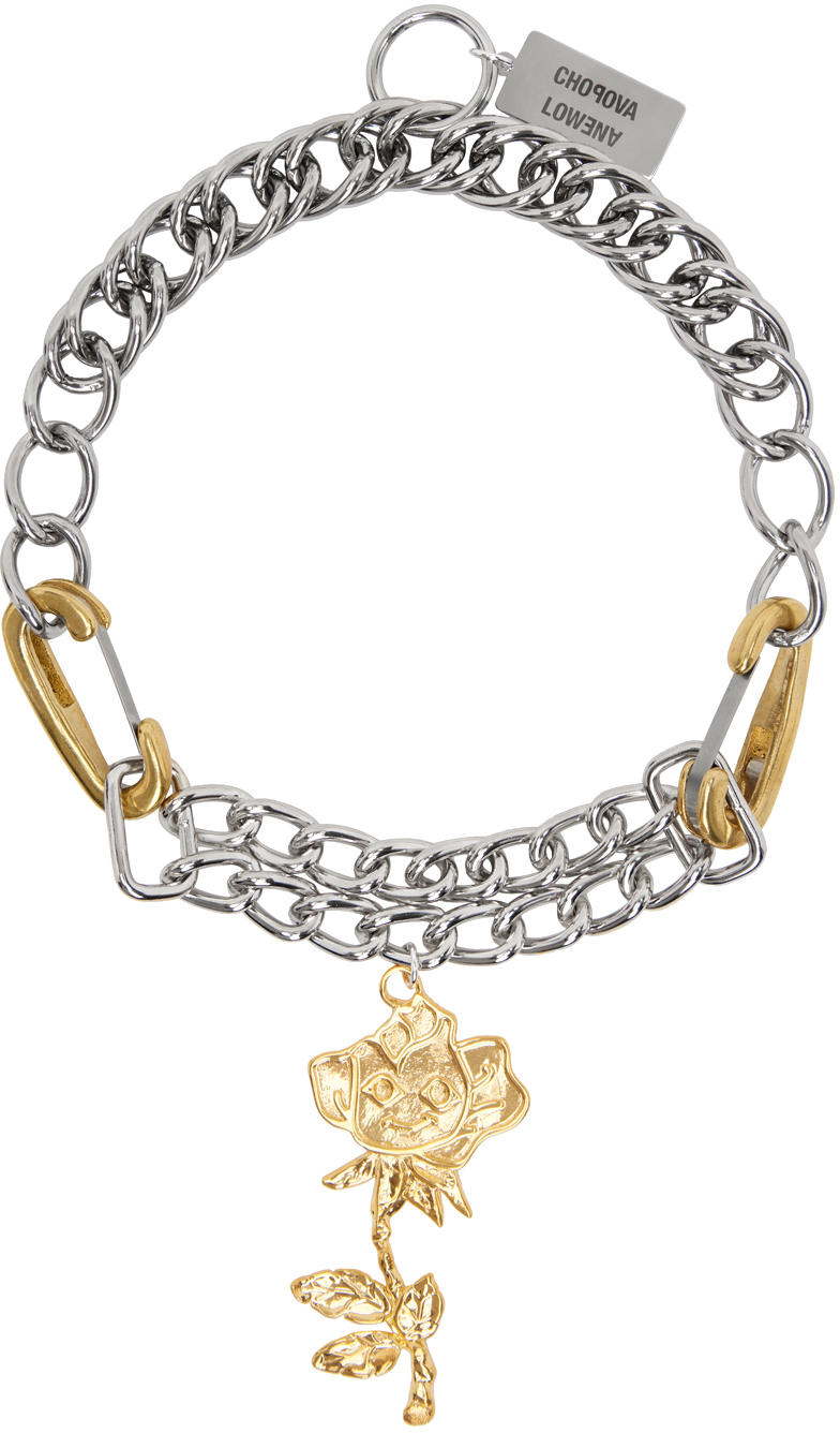 Chopova Lowena Silver & Gold Double Curb Rose Necklace In Silver And Gold