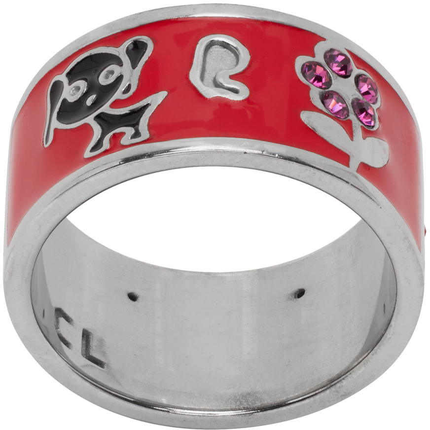 Chopova Lowena Silver & Red Dog Flower Ring In Silver Multi
