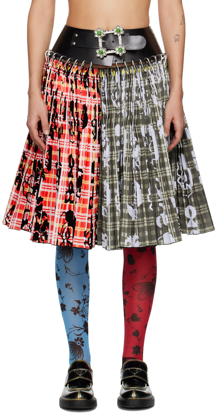 Chopova Lowena Gray & Red Penstemon Carabiner Midi Skirt In Grey,red